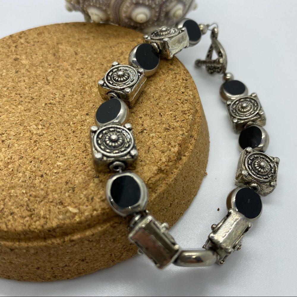 Sterling Silver and Black Enamel Beaded Bracelet Toggle Clasp